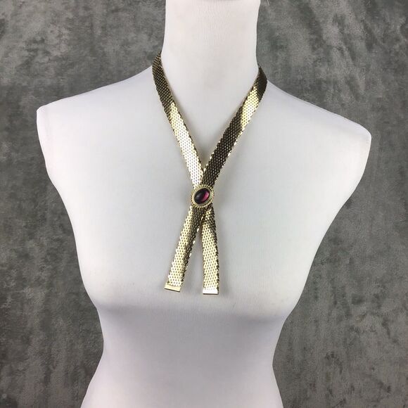 Vintage Goldtone Mesh Collar Necklace Pink Stone Center Snap Fashion Jewelry 28" - Picture 5 of 16